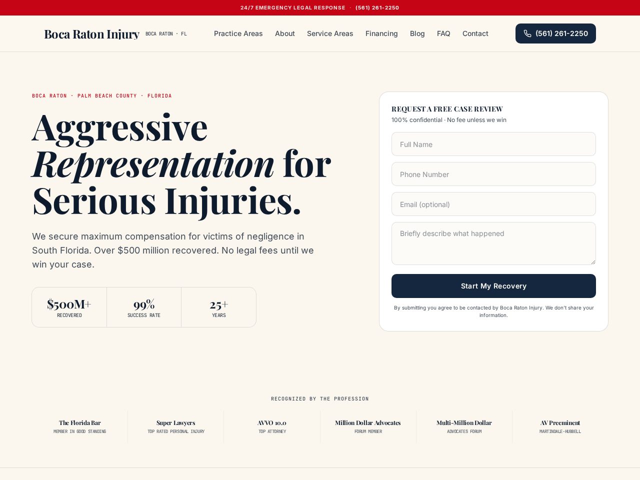 Screenshot of bocaratoninjury.com homepage